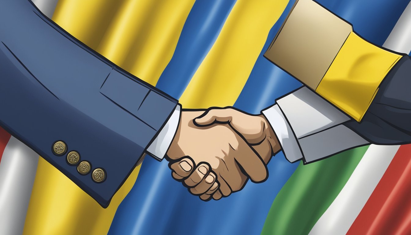 Castelli symbolically supports Ukraine through diplomatic efforts and political influence. The scene depicts a handshake between Castelli and a Ukrainian representative, with flags of both nations in the background