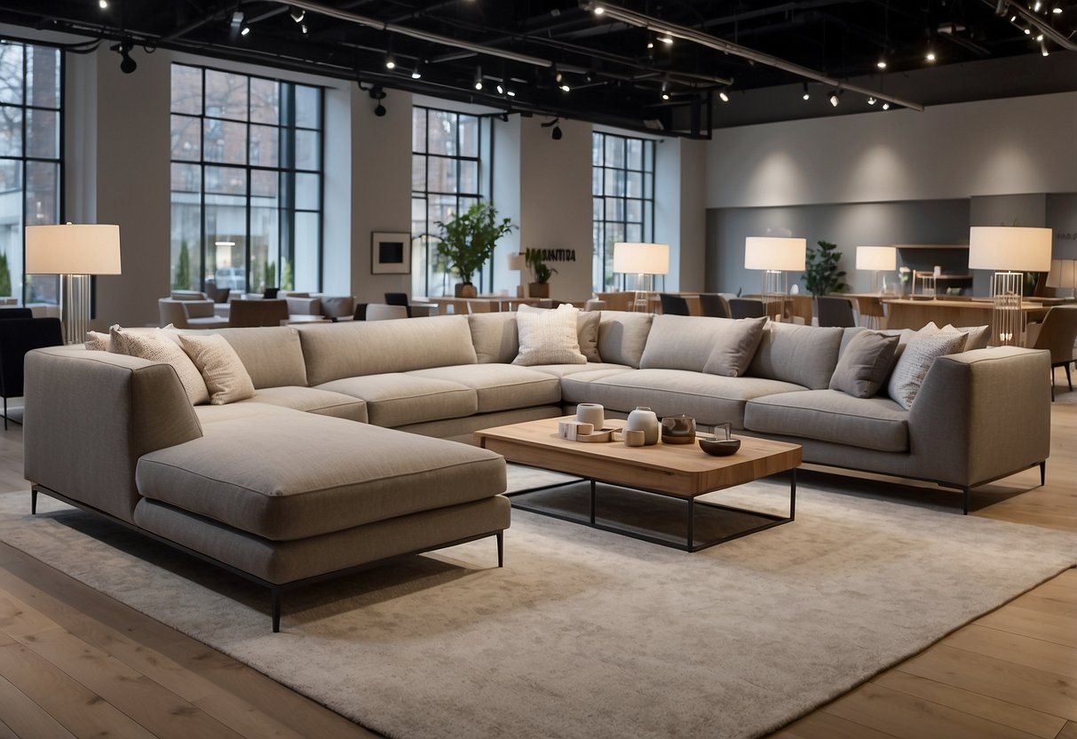 The Montana furniture range displayed in a spacious showroom with modern lighting and clean lines. Various pieces are arranged in an organized and stylish manner, showcasing the versatility and functionality of the collection