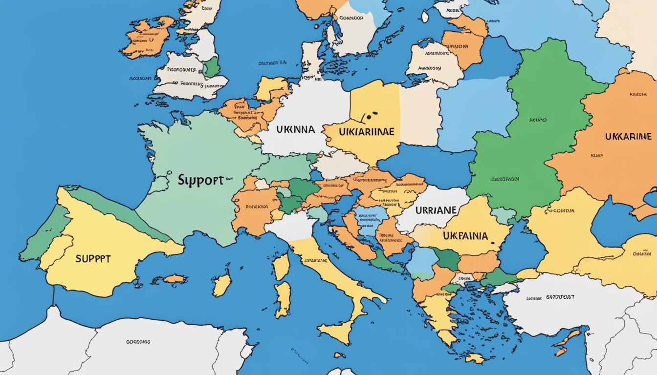 A map of Europe with Ukraine highlighted, surrounded by flags of neighboring countries. An arrow pointing towards Ukraine with the word "Support" written on it