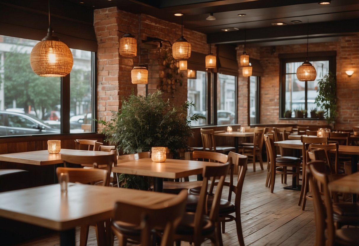 A cozy restaurant with wooden tables and chairs, warm lighting, and a welcoming atmosphere