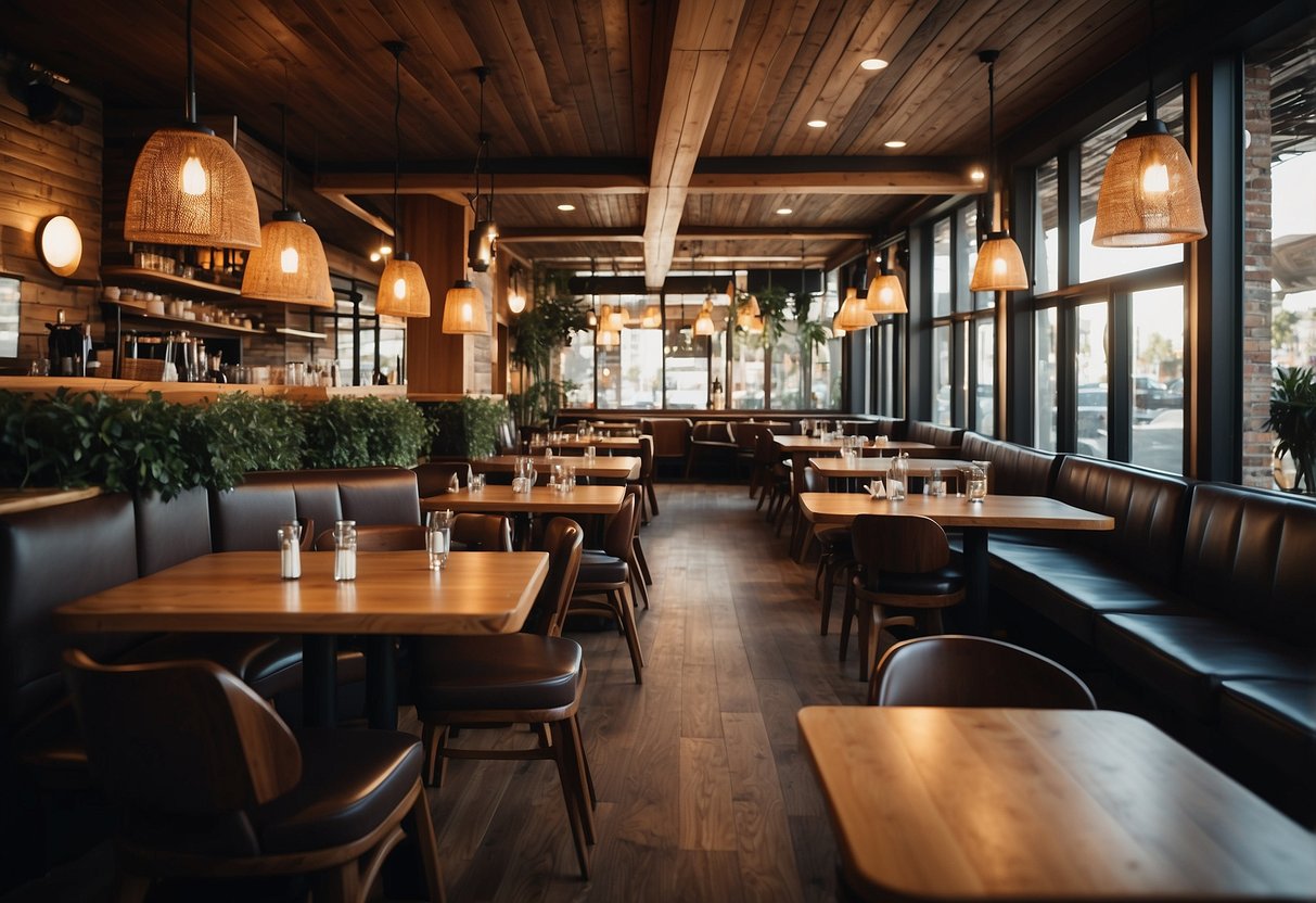A restaurant interior with wooden tables, chairs, and booths arranged in a welcoming and functional layout
