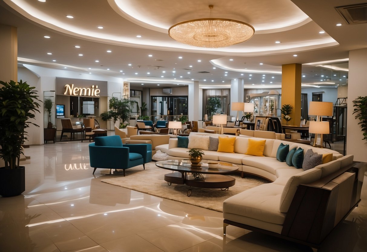 A spacious showroom with modern and classic furniture displays, vibrant lighting, and a welcoming ambiance at Nemie Furniture Marikina