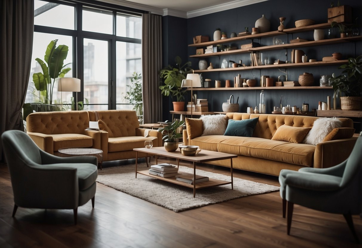 A room filled with 44 pieces of furniture, including chairs, tables, sofas, and shelves, arranged in a cozy and inviting manner