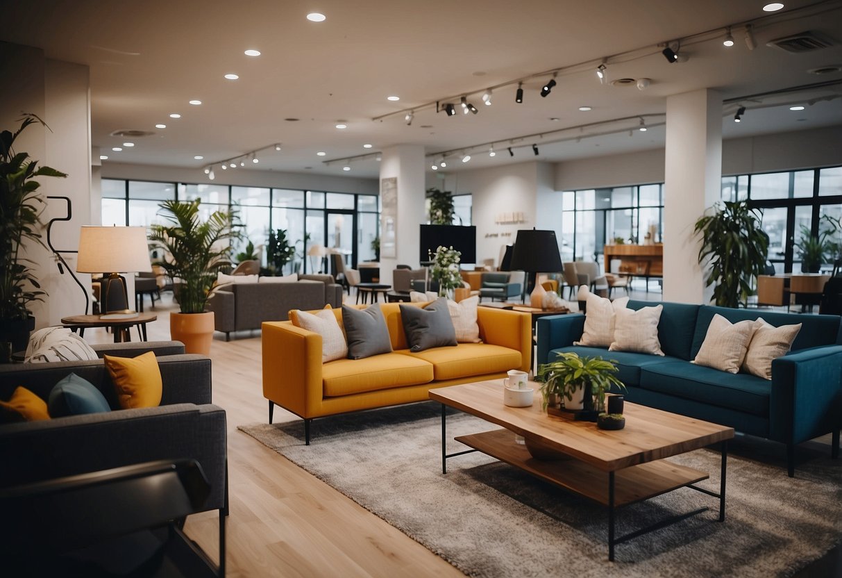 A welcoming showroom with modern furniture displays and friendly staff assisting customers
