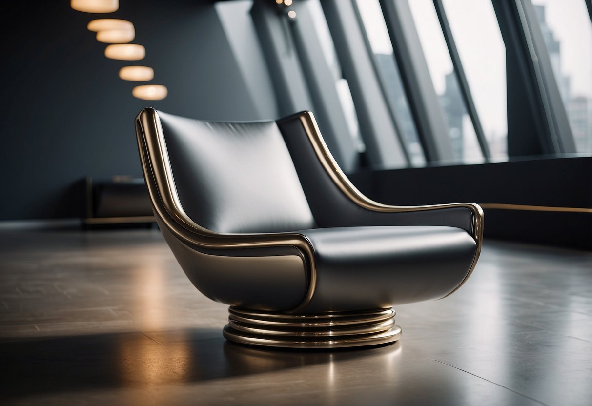 A sleek, aerodynamic chair with metallic accents sits in a modern, minimalist room. The furniture exudes innovation and sophistication