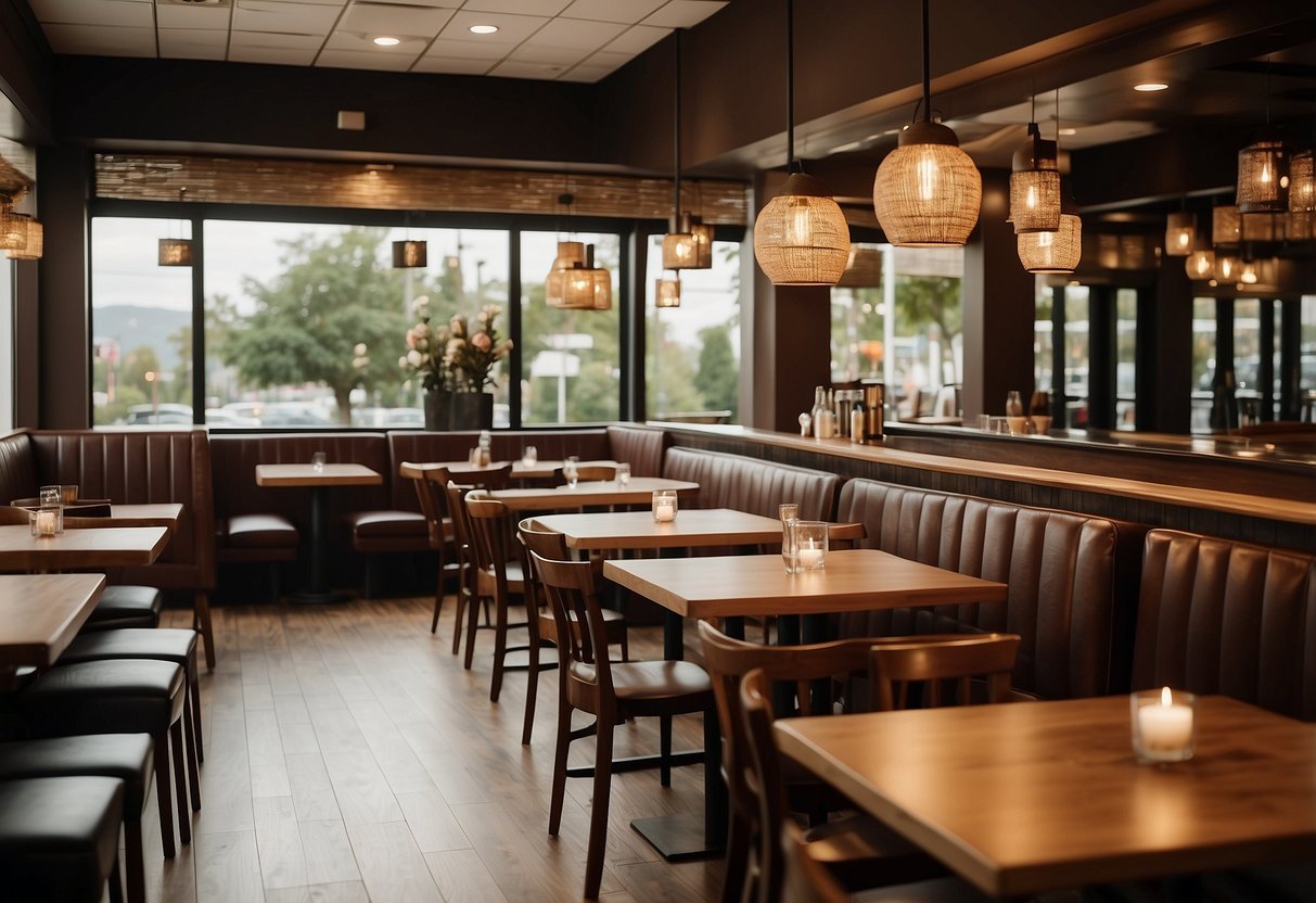 The restaurant's dining space features wooden tables, chairs, and booths arranged in a spacious and inviting layout