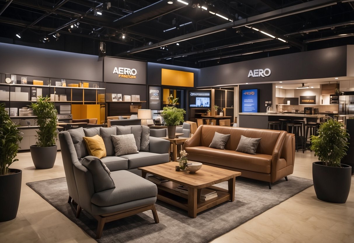 Aero furniture displayed with FAQ signage and customer inquiries