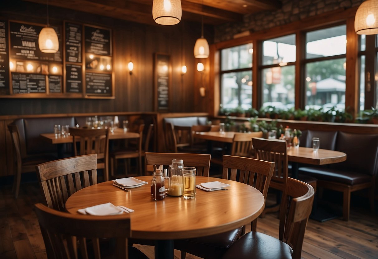 Wooden tables and chairs arranged in a cozy restaurant setting, with a menu and condiments placed on the table
