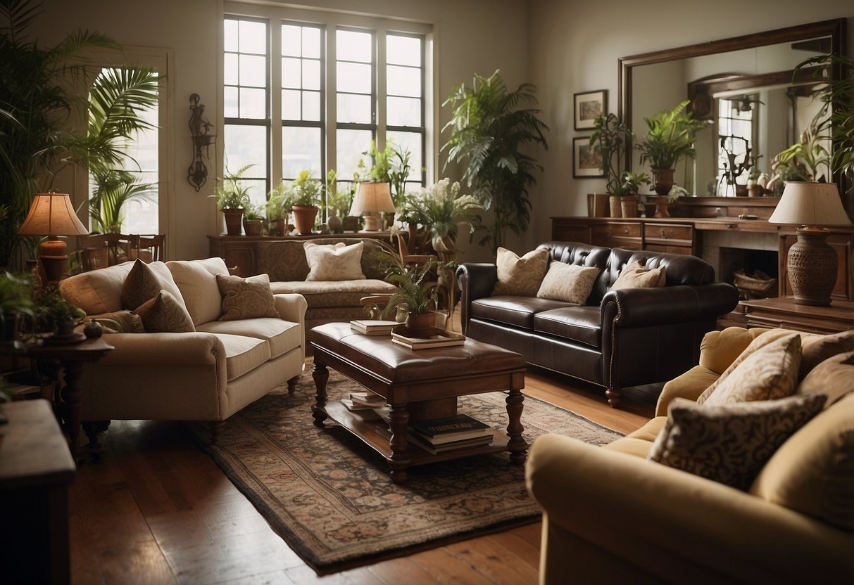 A room filled with a variety of furniture styles, including modern, traditional, and vintage pieces, arranged in an organized and visually appealing manner