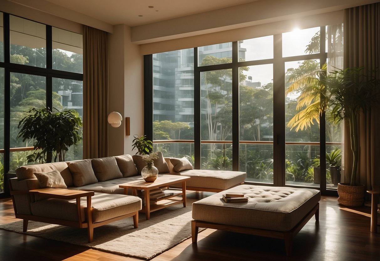 A cozy living room with oak furniture in Singapore. Sunlight streams in through the windows, casting warm shadows on the polished wood surfaces