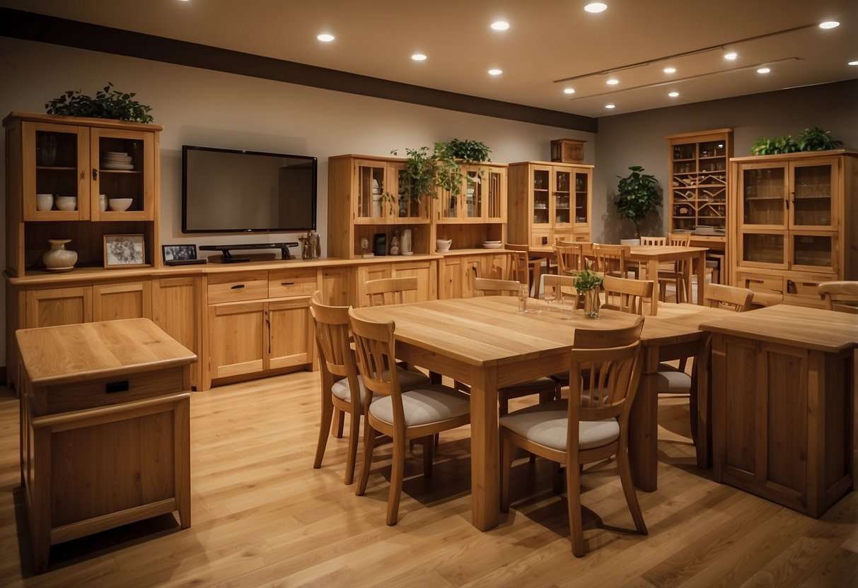 A room filled with various oak furniture pieces, including tables, chairs, and cabinets. The warm, natural wood tones create a cozy and inviting atmosphere
