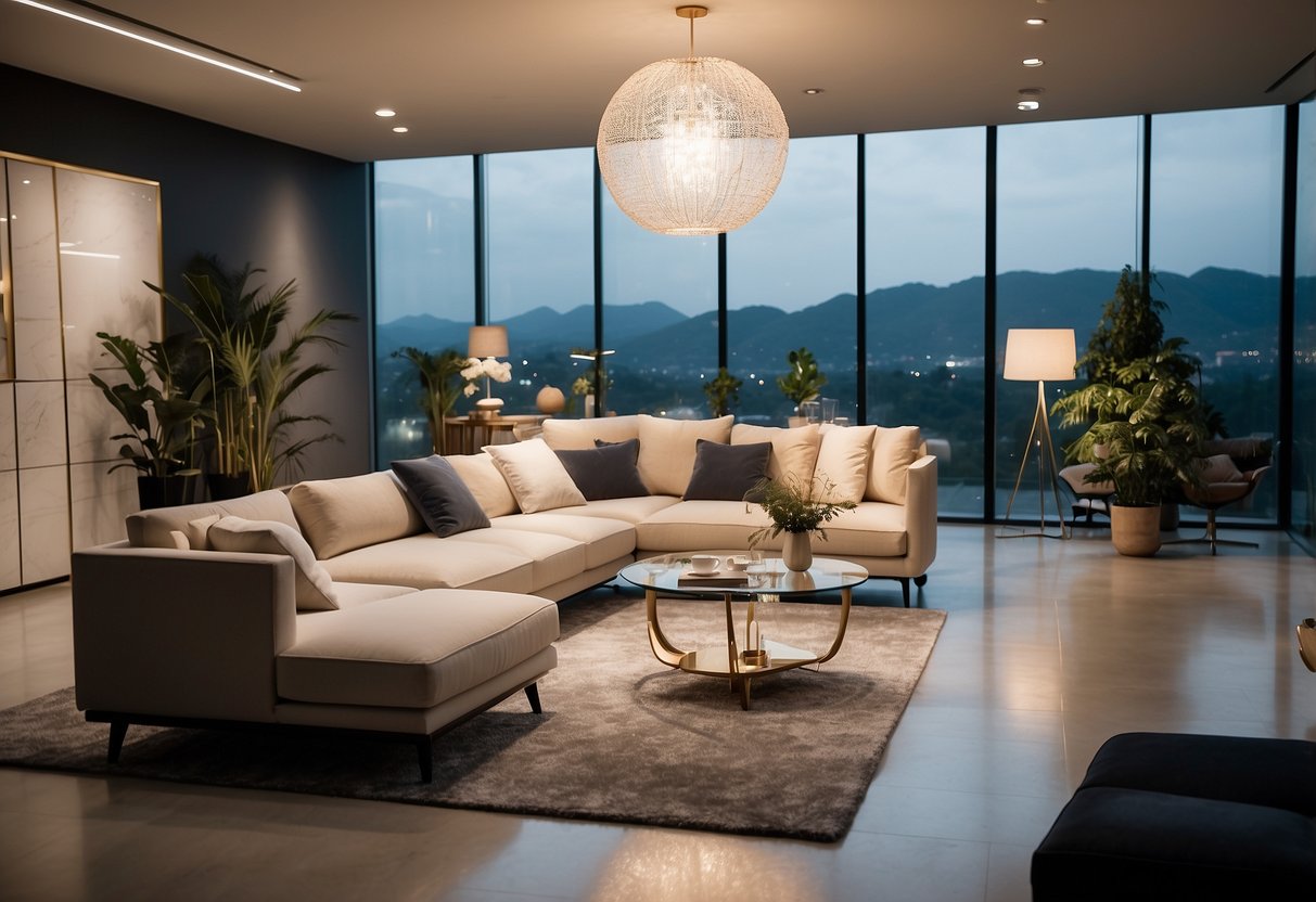 A spacious showroom filled with modern furniture displays, soft lighting, and a sleek, minimalist design aesthetic