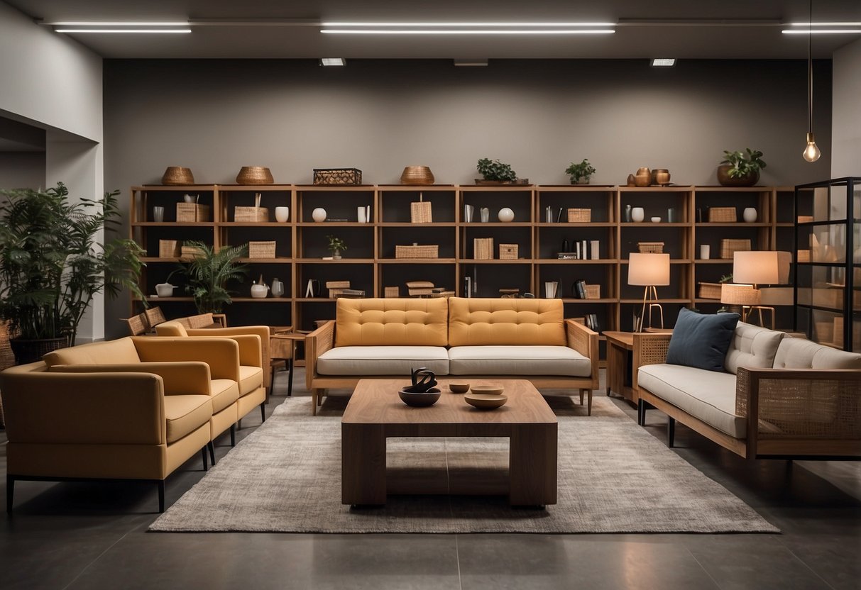 A room filled with various furniture pieces, including chairs, tables, and shelves. The furniture is neatly arranged and well-lit