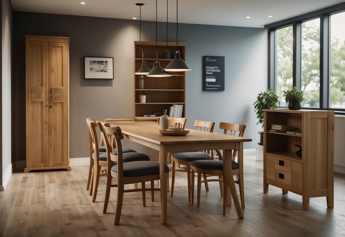A room with oak furniture, including a table, chairs, and a cabinet. A sign with "Frequently Asked Questions" is displayed prominently