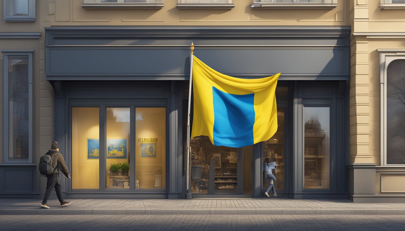 A large flag of Ukraine flying proudly outside a Specialized store, with a sign reading "Supporting Ukraine" displayed prominently in the window