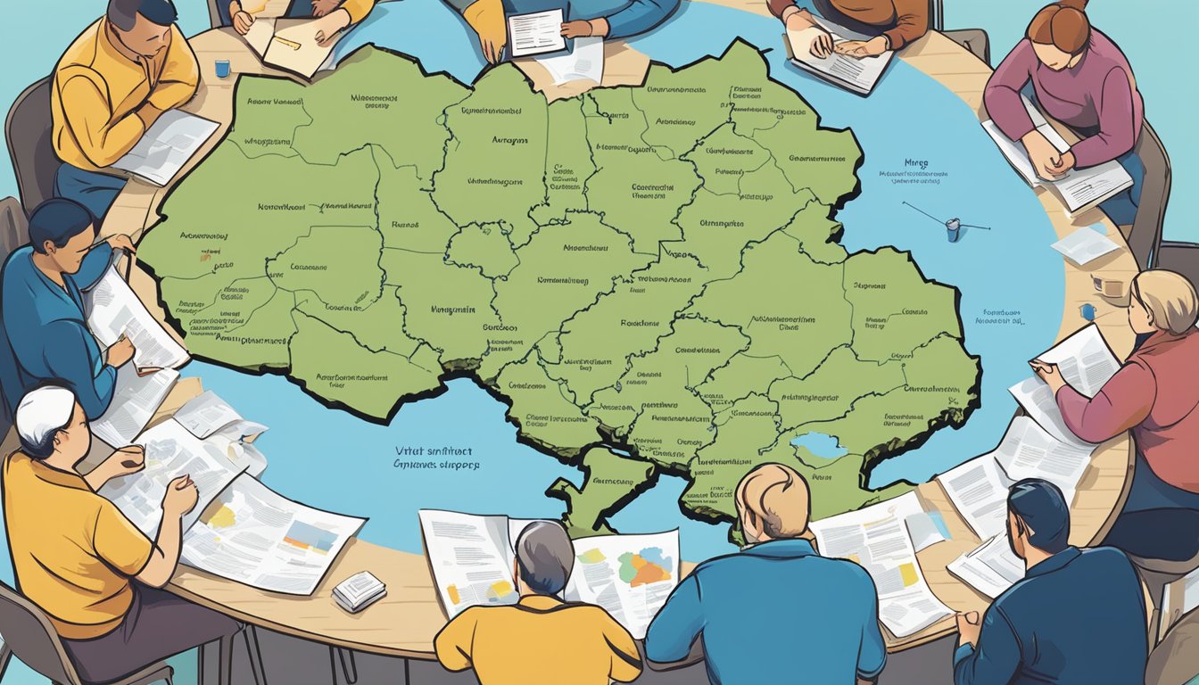 A group of people gather around a map of Ukraine, discussing and planning specialized support initiatives. Visual aids and informational materials are spread out on the table, showcasing their advocacy and awareness efforts