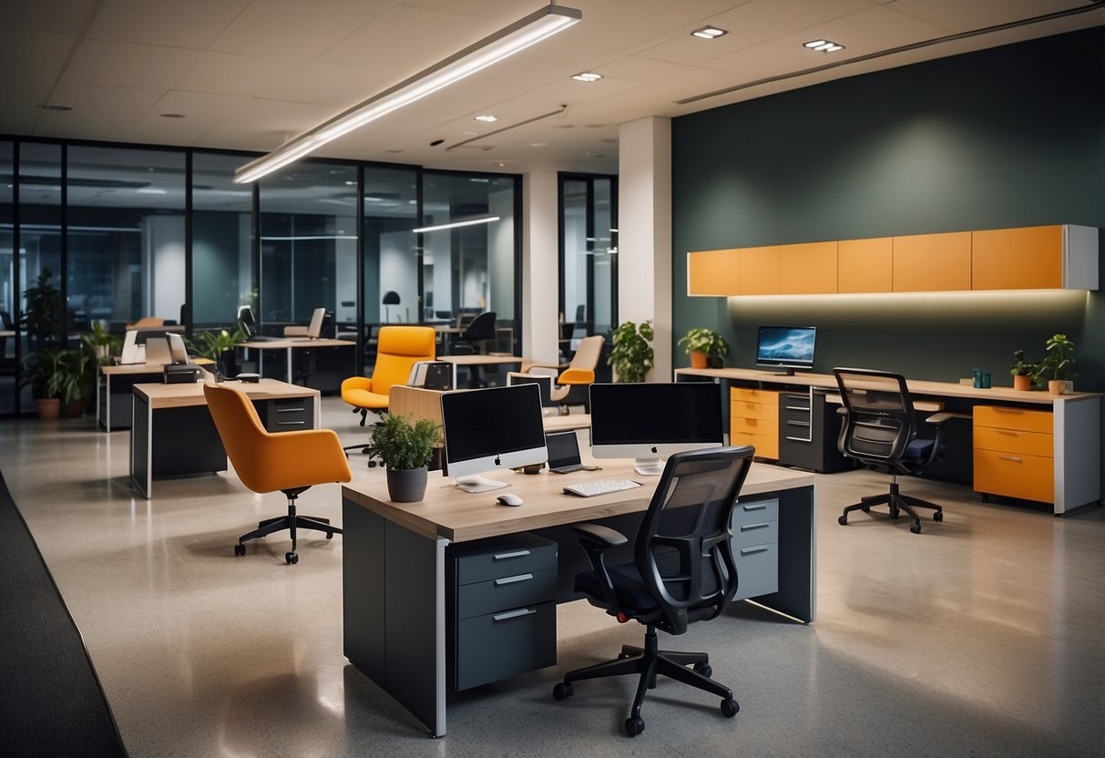 A spacious showroom displays modern office furniture in various styles and colors, with desks, chairs, and storage units arranged in organized and inviting settings