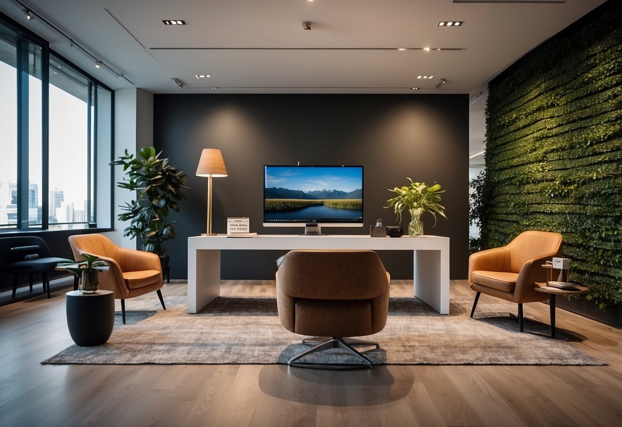 A spacious showroom displays various office furniture styles and designs, from sleek modern desks to ergonomic chairs and storage cabinets