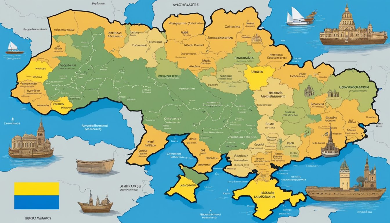 A map of Ukraine surrounded by various forms of support: financial aid, diplomatic efforts, military assistance, humanitarian aid, and infrastructure development