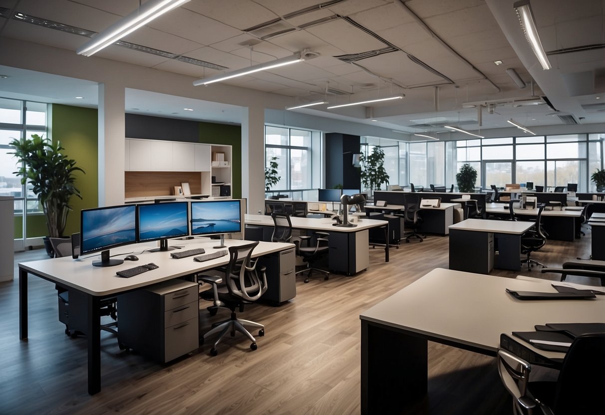 A spacious office furniture showroom with modern designs and efficient space planning