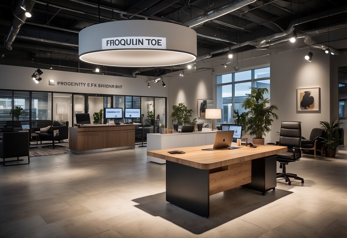 A brightly lit showroom with modern office furniture arranged in stylish displays. A large sign reading "Frequently Asked Questions" hangs above the entrance