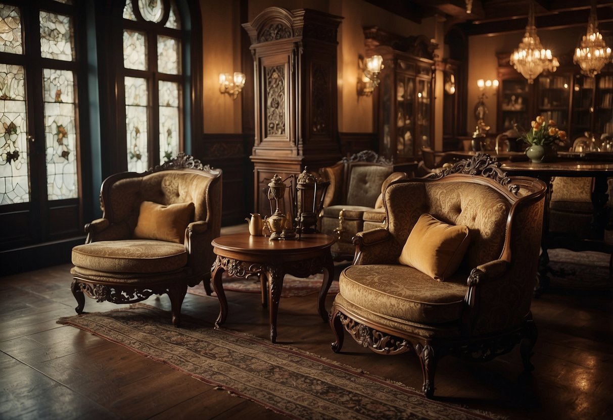 Antique furniture fills a dimly lit room, with ornate chairs, a grand oak table, and a delicate chaise lounge. The rich wood and intricate carvings create an atmosphere of old-world elegance
