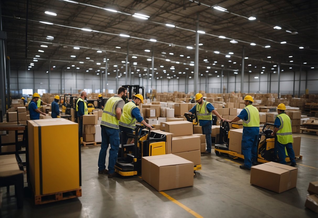 A bustling warehouse filled with workers assembling furniture and packaging items for shipment. Conveyor belts and forklifts move goods around the space, while supervisors oversee operations