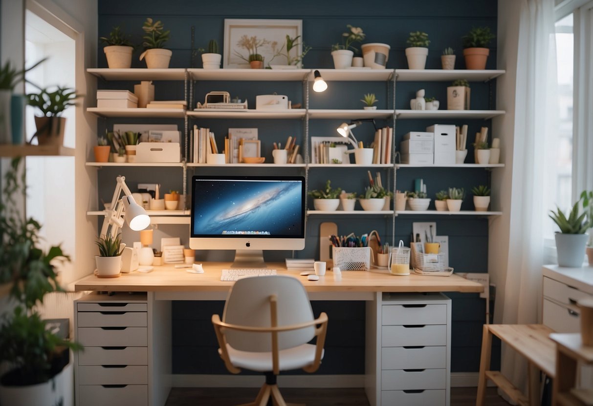 An art studio with IKEA furniture: A bright room with a large desk, adjustable chair, and storage shelves filled with art supplies. Bright lighting and a clean, organized space