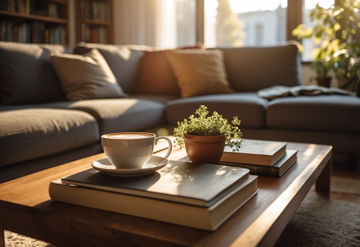 A cozy living room with a wooden coffee table, a plush sofa, and a bookshelf filled with books and decorative items. Sunlight streams in through the window, casting a warm glow on the room