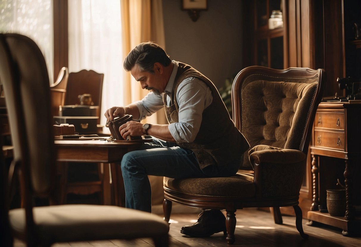 A person carefully dusts and polishes a beautiful antique chair in a well-lit room filled with other vintage furniture pieces