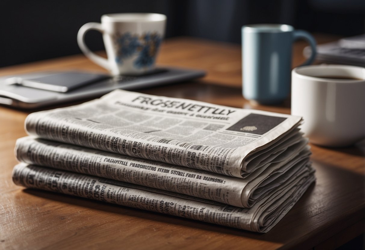 A stack of newspapers and a laptop on a desk, with a "Frequently Asked Questions" section highlighted on the screen