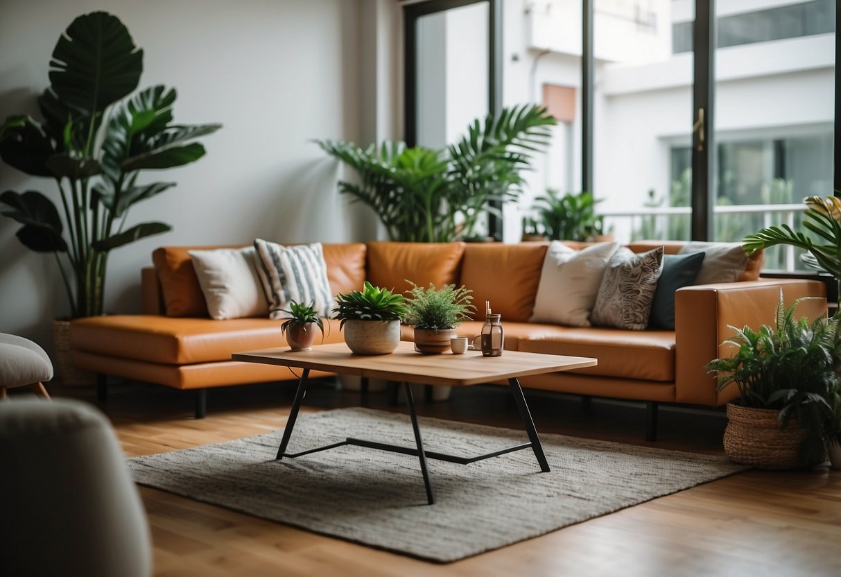 A cozy living room with a modern sofa, vintage coffee table, and potted plants. A laptop displaying the OLX Philippines website is on the table