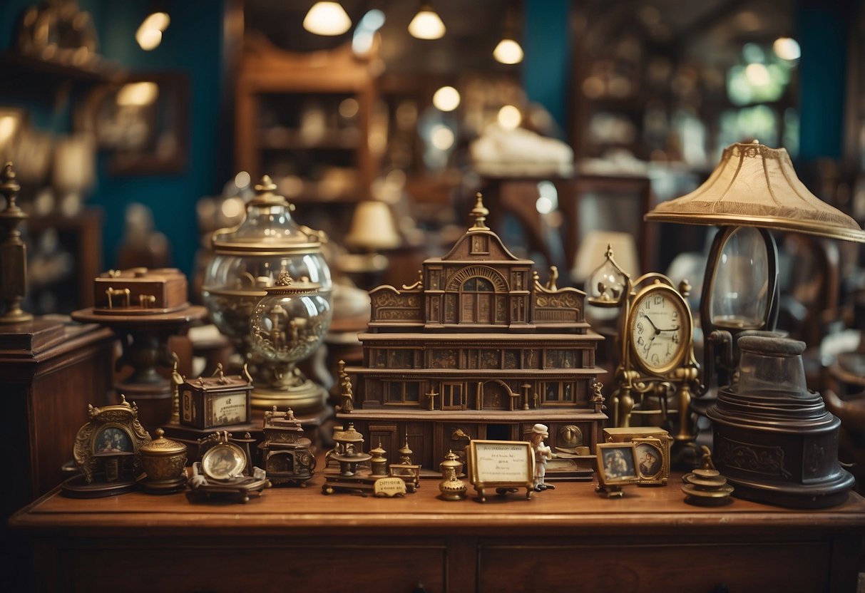 A cluttered antique shop with various furniture pieces. A sign reads "Frequently Asked Questions antique furniture kl."
