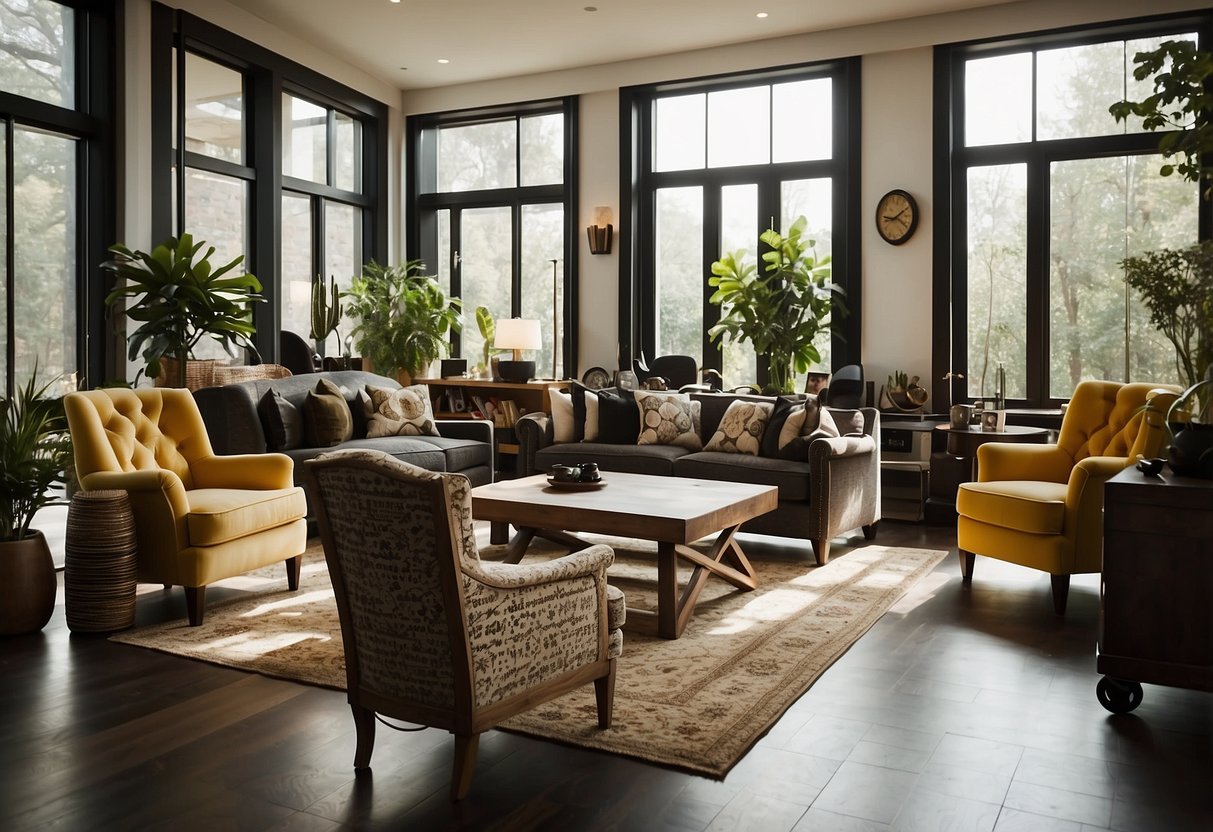 A room with various furniture items such as tables, chairs, sofas, and cabinets. A sign with "Frequently Asked Questions" is displayed prominently