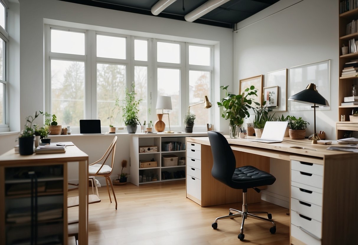 An art studio with modern furniture from Ikea, featuring a sleek desk, comfortable chair, and adjustable storage units. Bright natural light floods the space, illuminating the creative atmosphere