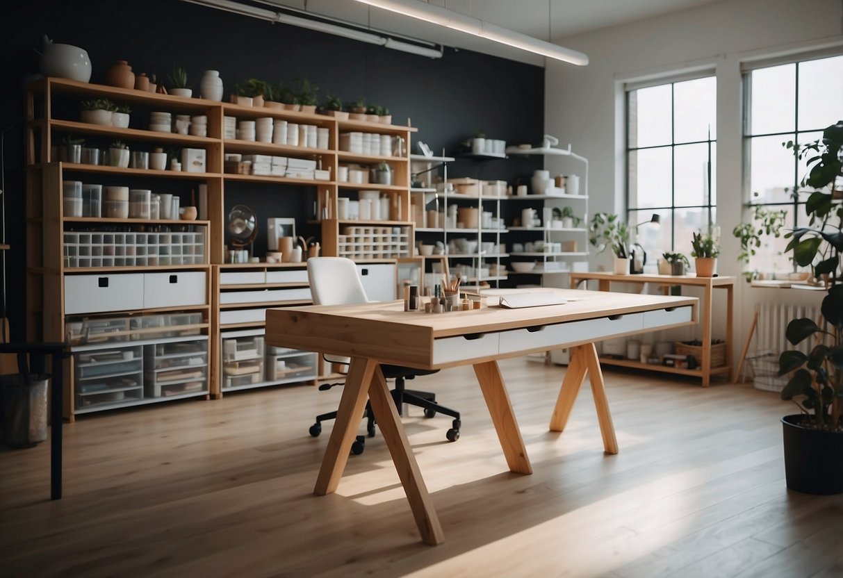 An art studio with modern, minimalist furniture from IKEA. Clean lines, neutral colors, and organized storage for art supplies
