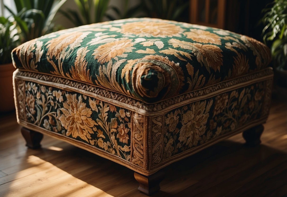 An ornate ottoman sits in a sunlit room, surrounded by lush green plants and a cozy rug. The intricate patterns and rich colors of the fabric stand out against the warm wood of the furniture