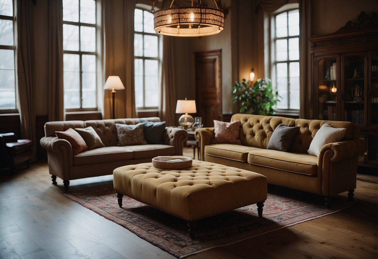 A room with various styles of ottoman furniture, including traditional upholstered ottomans and modern storage ottomans, displayed in a historical setting