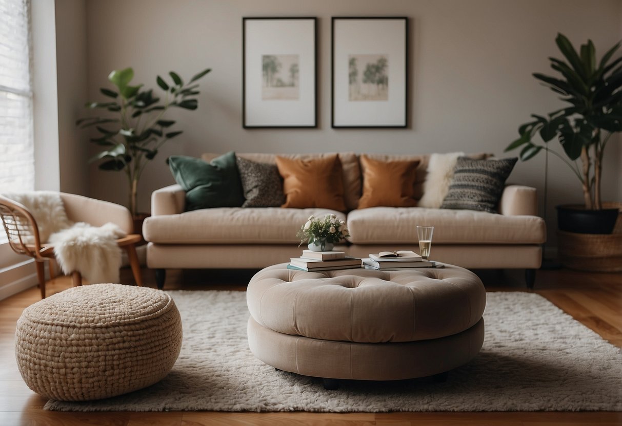 A cozy living room with a plush ottoman as the centerpiece, surrounded by a comfortable sofa and a soft rug. The ottoman is stylish and inviting, with a tray of decorative items on top