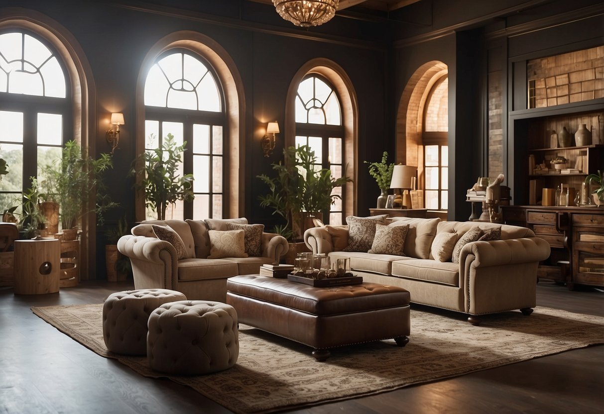 A room with various ottoman furniture pieces arranged neatly, with a sign reading "Frequently Asked Questions ottoman furniture" displayed prominently