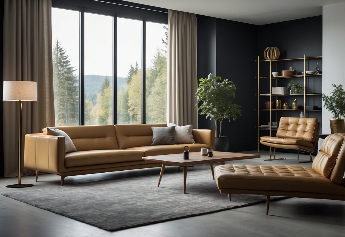 A modern living room with sleek Piet Hein furniture, featuring clean lines and minimalist design