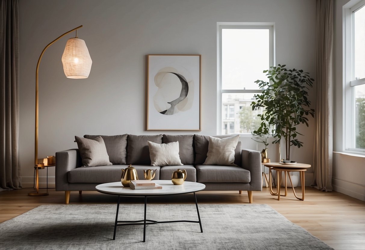 A modern living room with a sleek sofa, coffee table, and floor lamp from b2c furniture