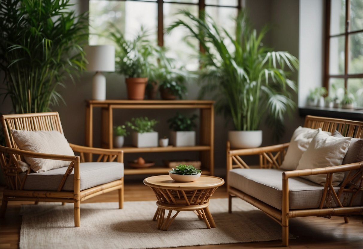 Bamboo furniture arranged in a cozy living room with plants and soft lighting