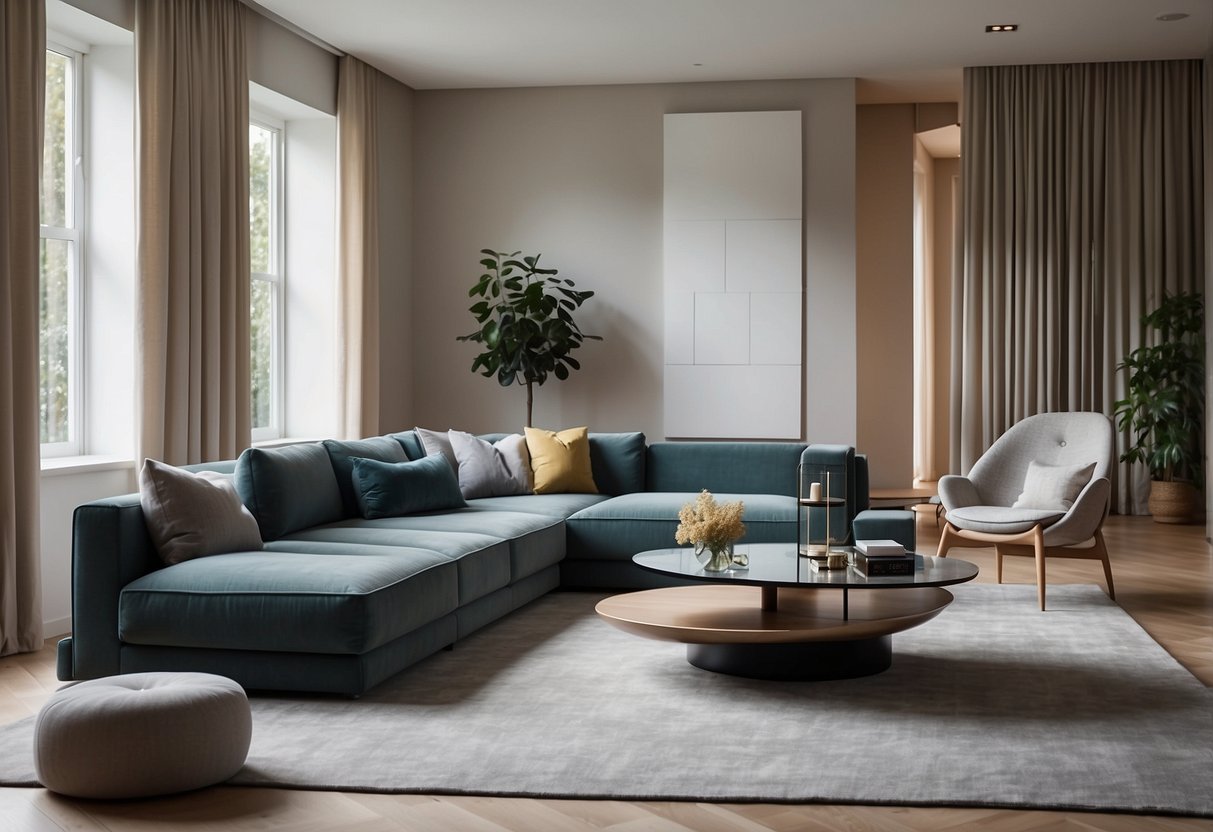 A modern living room with sleek, minimalist furniture inspired by Piet Hein's design philosophy. Clean lines, geometric shapes, and functional elegance define the space