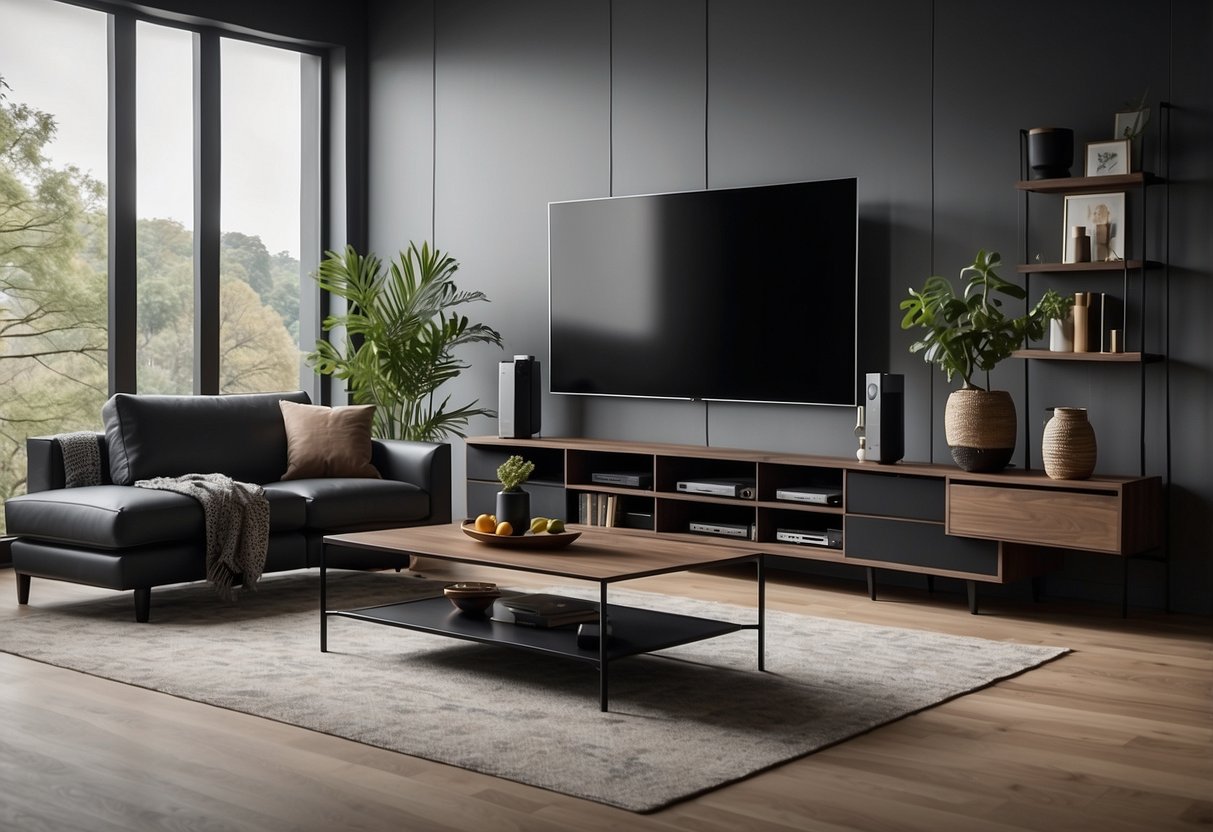A modern living room with sleek bdi furniture, featuring a minimalist coffee table, a stylish entertainment unit, and a comfortable sectional sofa