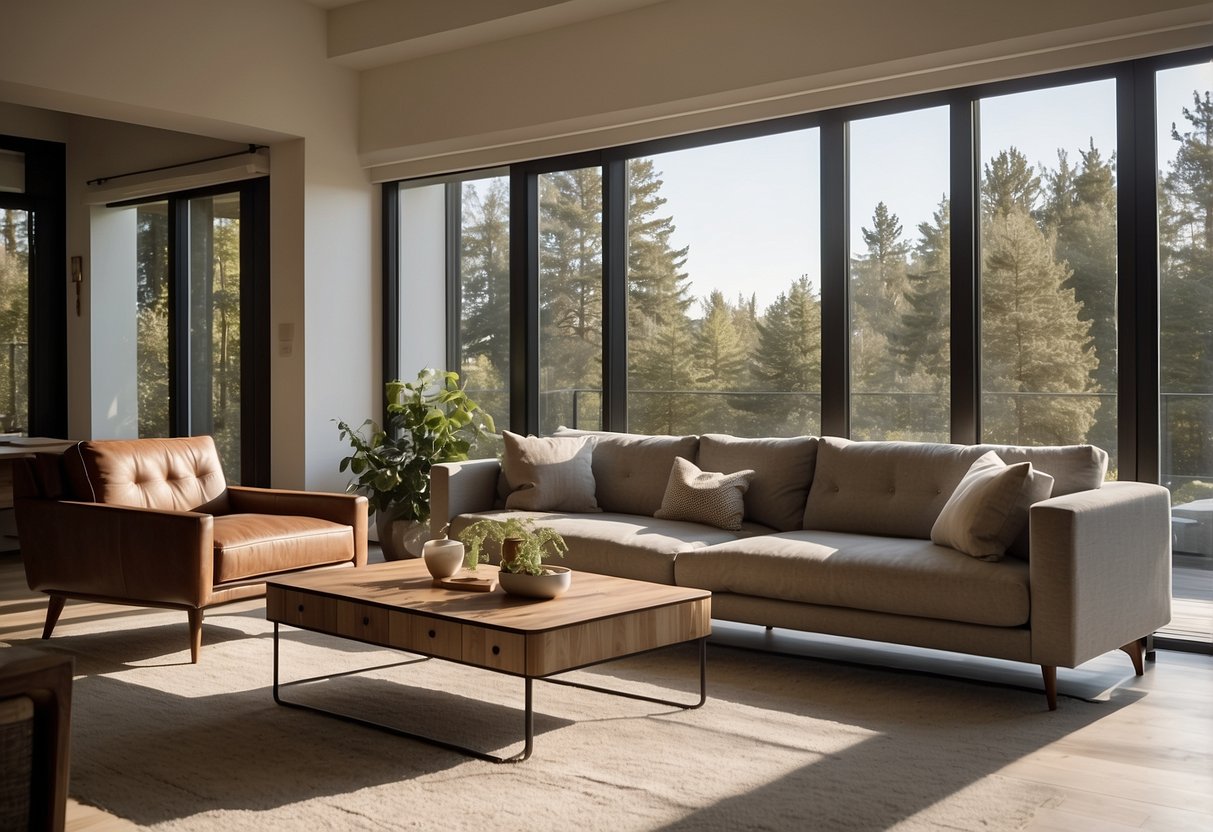 A modern living room with sleek furniture collections, a cozy sofa, and a stylish coffee table. Bright sunlight streams in through large windows, casting a warm glow on the space