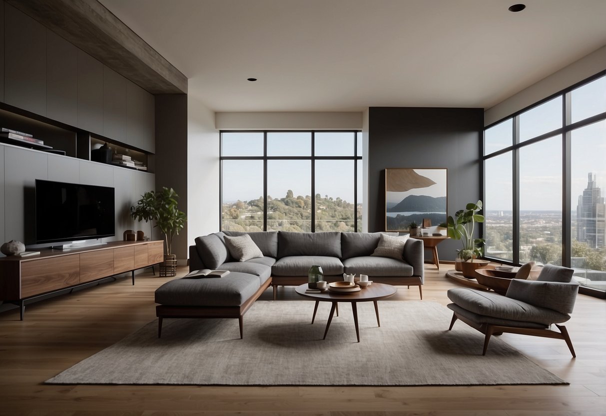 A sleek, modern living room with BDI furniture at the center. Clean lines, innovative storage solutions, and a focus on functionality and style