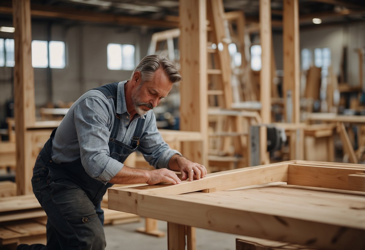 A carpenter meticulously constructs a sleek, modern chair using sustainable materials, showcasing the fusion of craftsmanship and sustainability in Piet Hein furniture