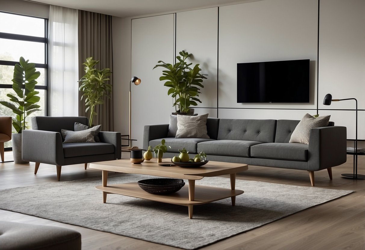 A modern living room with BDI furniture, featuring sleek lines, minimalist design, and functional storage solutions. The space exudes a sense of sophistication and comfort, with the furniture seamlessly integrating into the overall aesthetic