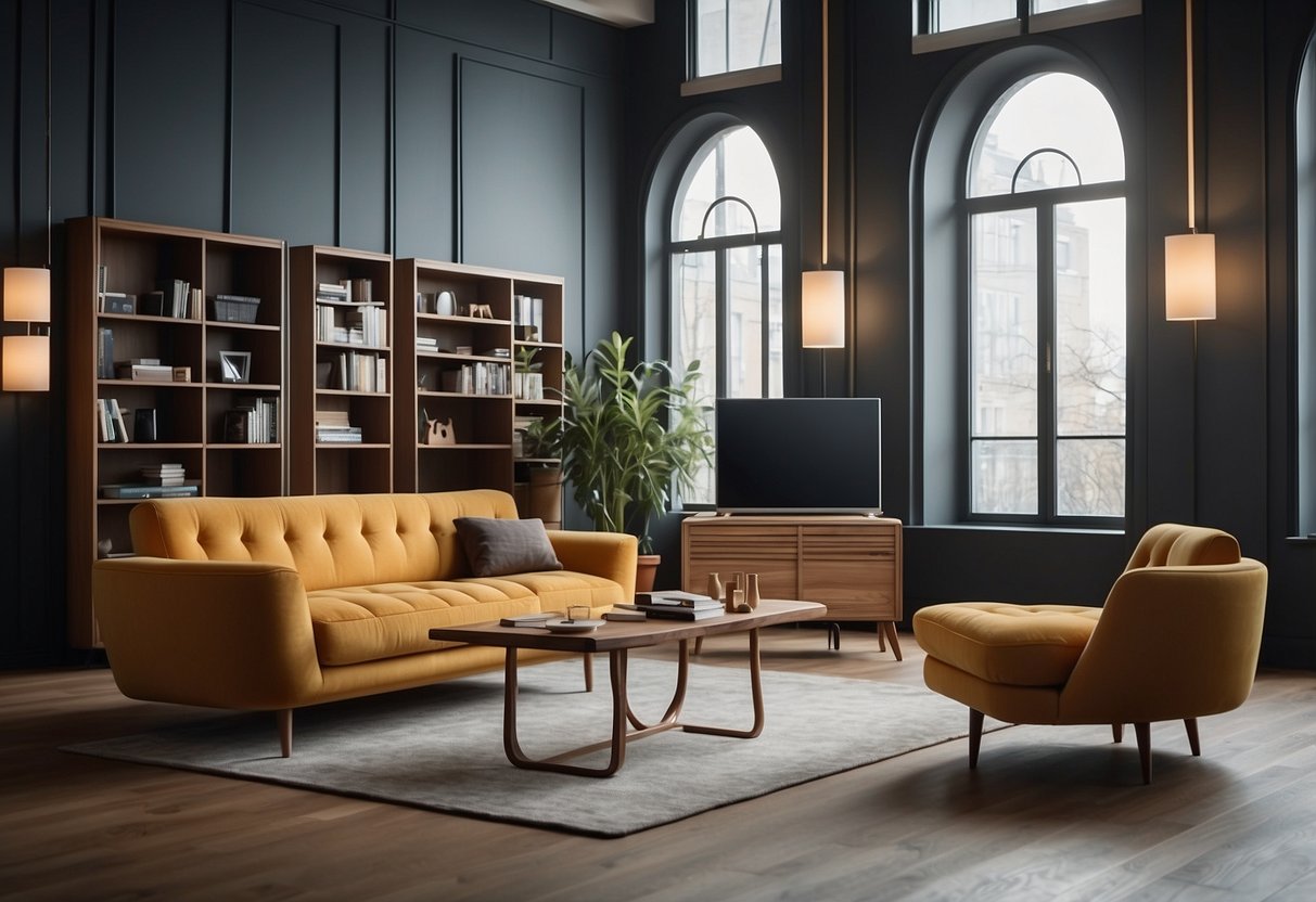 A room with modern Piet Hein furniture, with a display of frequently asked questions about the products